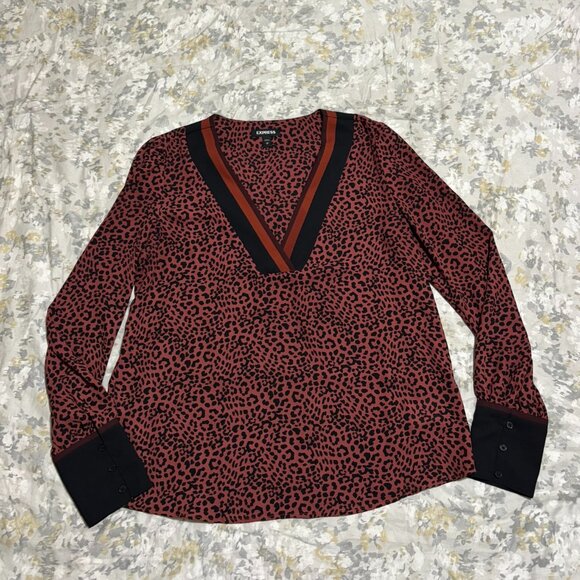 Express Leopard Color Block Contrast Chiffon Long Sleeve Shirt Top Size Medium - Picture 2 of 7